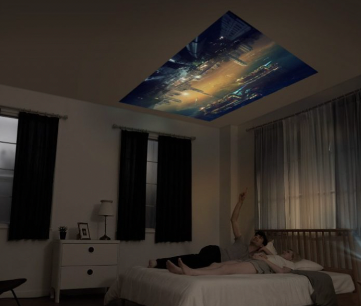 HighPeak MiniProjector SMART projecting vibrant cityscape onto bedroom ceiling with dark curtains and modern decor