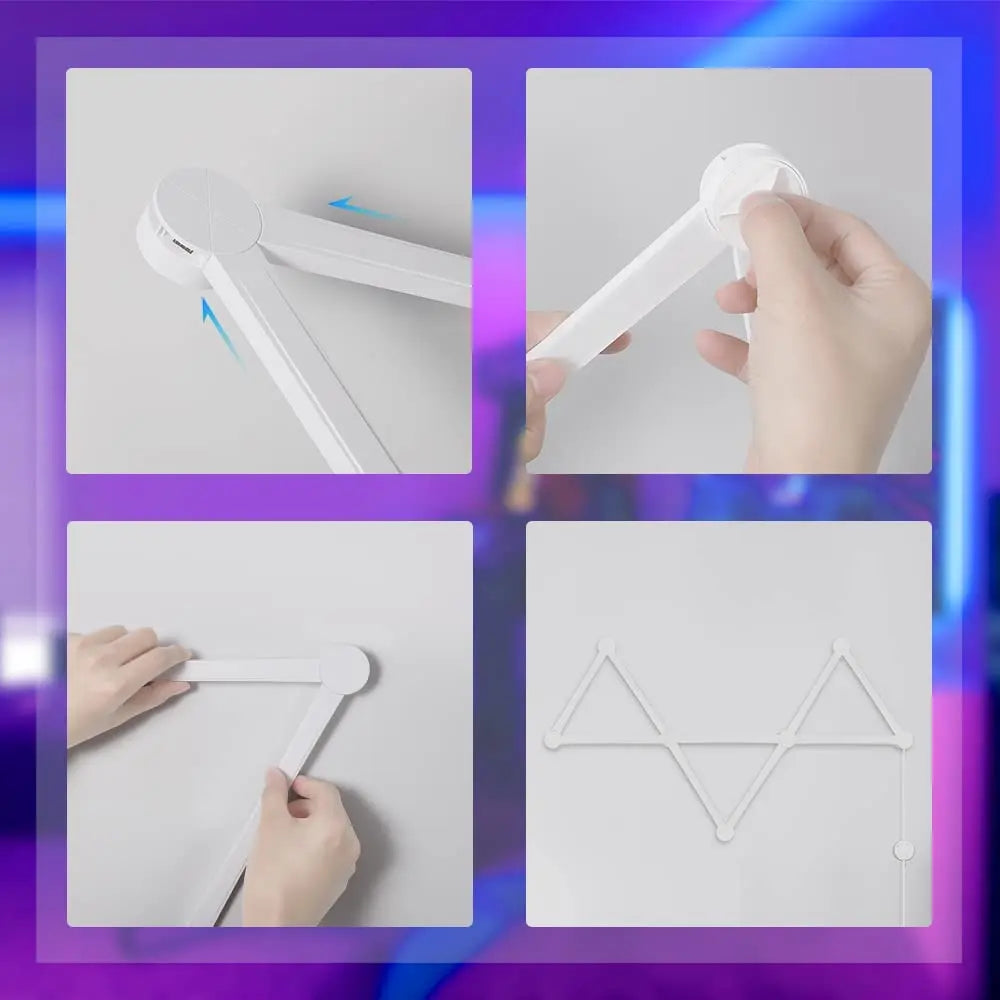 HighPeak NeonMatrix modular LED light bars shown in assembly steps creating geometric patterns on white wall with neon glow