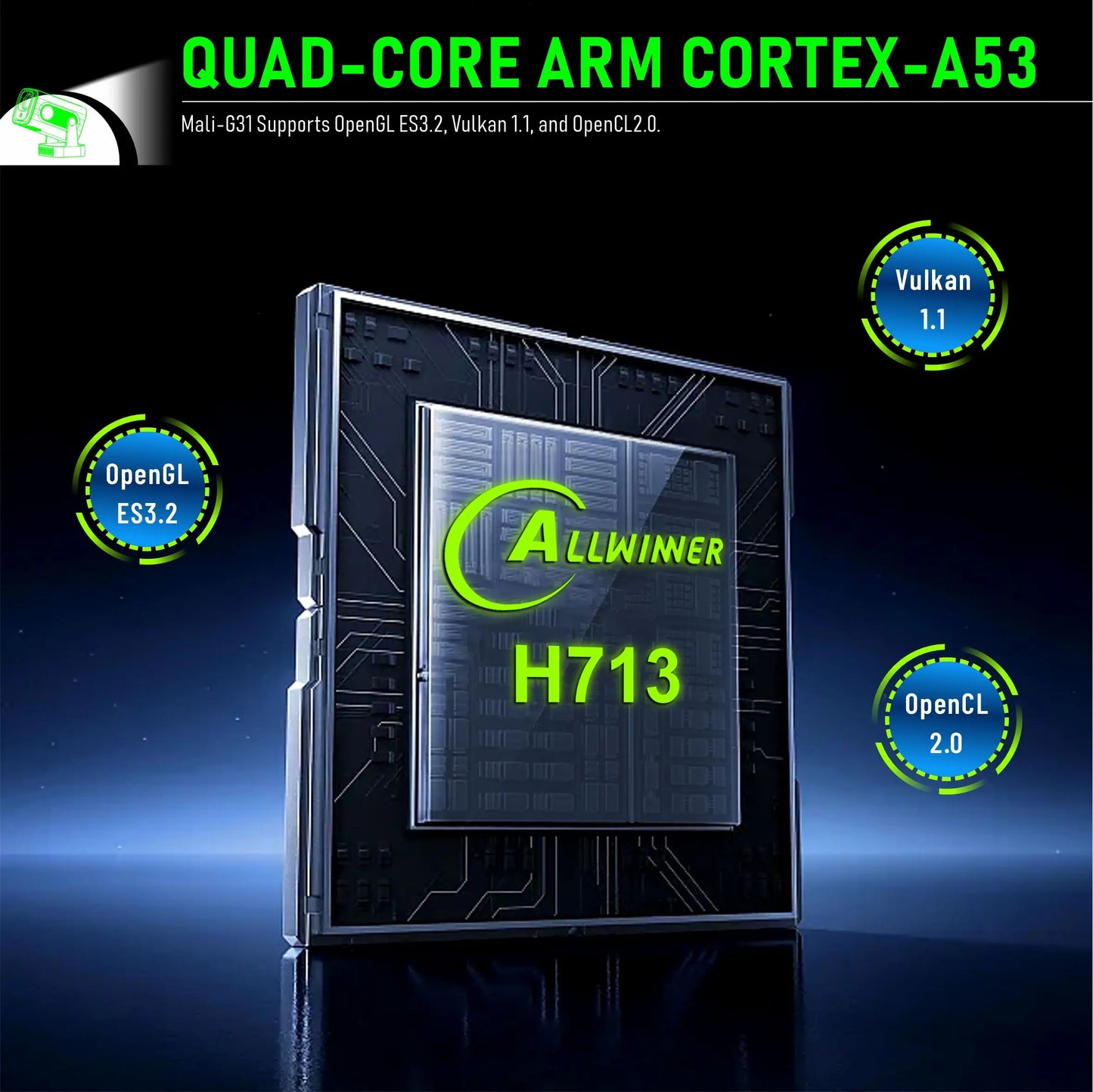 HighPeak NovaPro compact smart projector with H713 processor chip shown in sleek black and green tech design layout