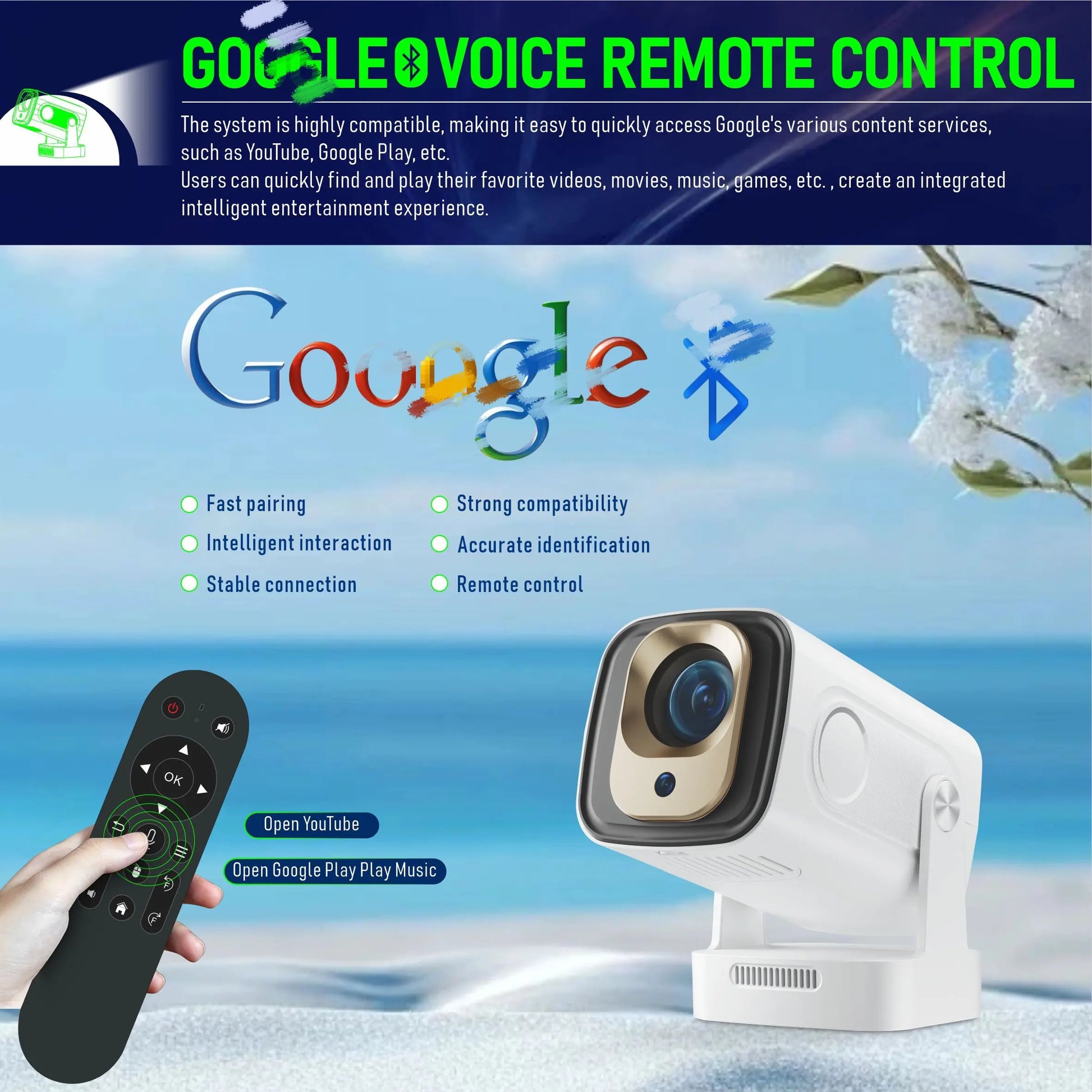 HighPeak NovaPro compact white smart projector with Google voice remote control displaying connectivity features and controls