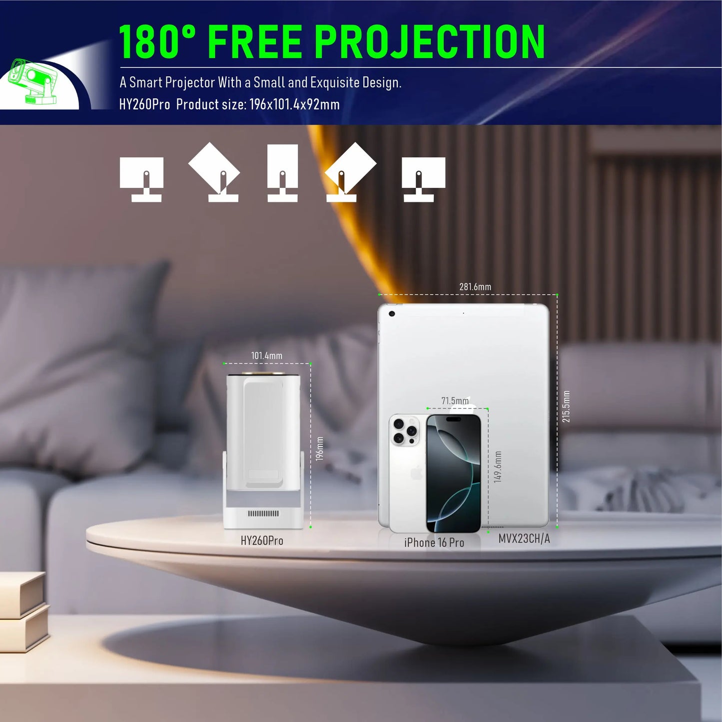 HighPeak NovaPro projector showcasing 180-degree rotation feature with size comparison to mobile devices on wooden table