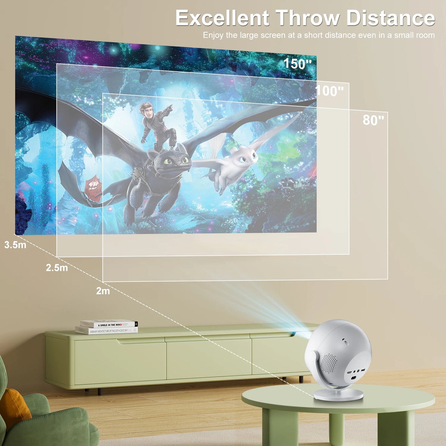 HighPeak OrbitX projector displaying a movie scene with adjustable throw distances from 2m to 3.5m on white wall