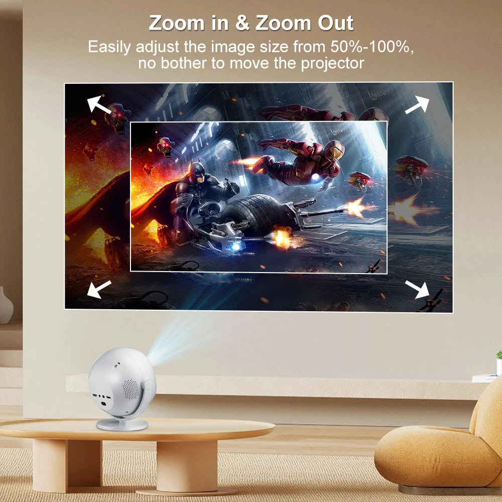 HighPeak OrbitX projector displaying action movie scene with adjustable zoom feature on beige wall in modern living room