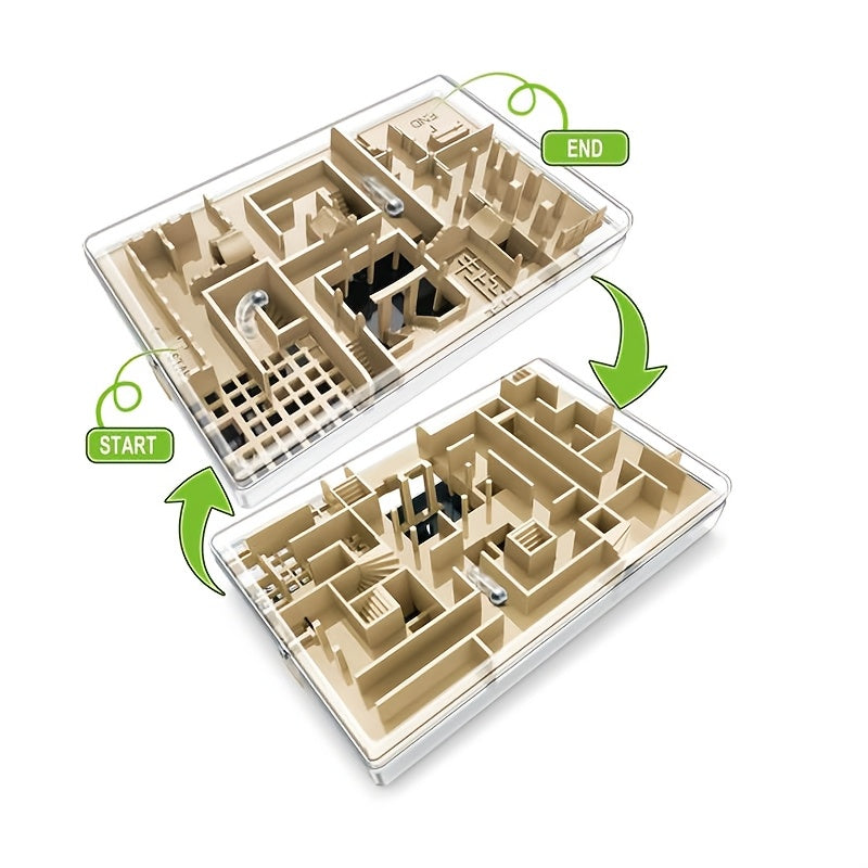 HighPeak Pocket Ninja Maze in clear case showing dual-level 3D labyrinth with start and end points marked in green