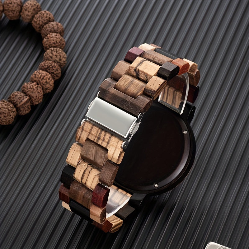 HighPeak QuadraWood watch featuring multitone wooden band and black dial against striped background with beaded bracelet