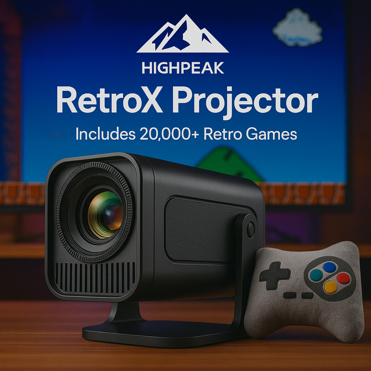HighPeak RetroX Projector with game controller against retro gaming background - compact black 4K gaming projector design