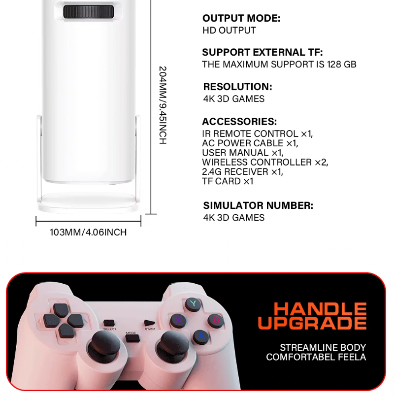 HighPeak RetroY Projector in white with product specifications and wireless controller display - gaming entertainment system