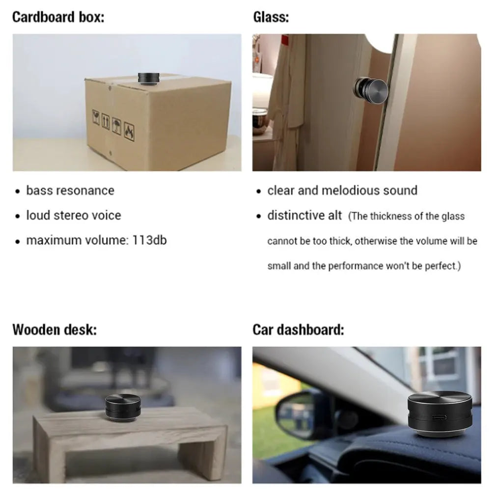 HighPeak SonicPulse bone conduction speaker shown on various surfaces - cardboard box, glass, wooden desk, and car dashboard