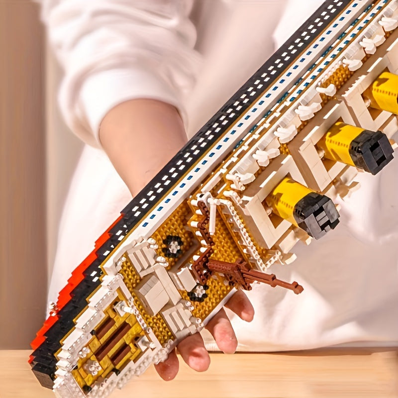 HighPeak Titanic Building Block Set displayed at angle showing detailed deck, smokestacks and intricate beige brick construction