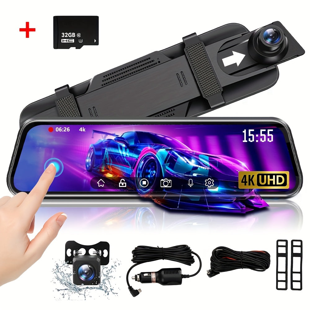 HighPeak VisionDrive 4K UHD touchscreen rearview mirror dash cam with dual cameras and SD card displayed in car setup