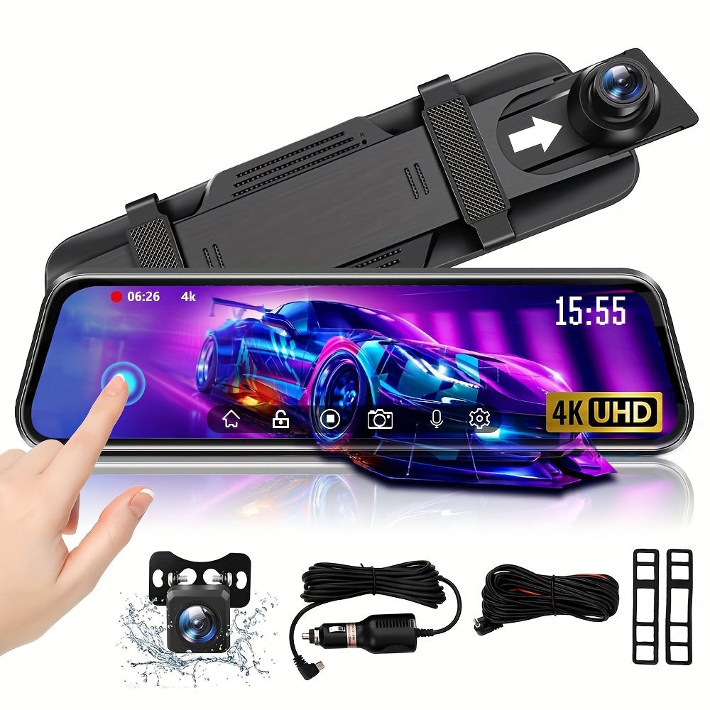 HighPeak VisionDrive Dash Cam with 4K touchscreen display and dual cameras mounted on rearview mirror in black finish
