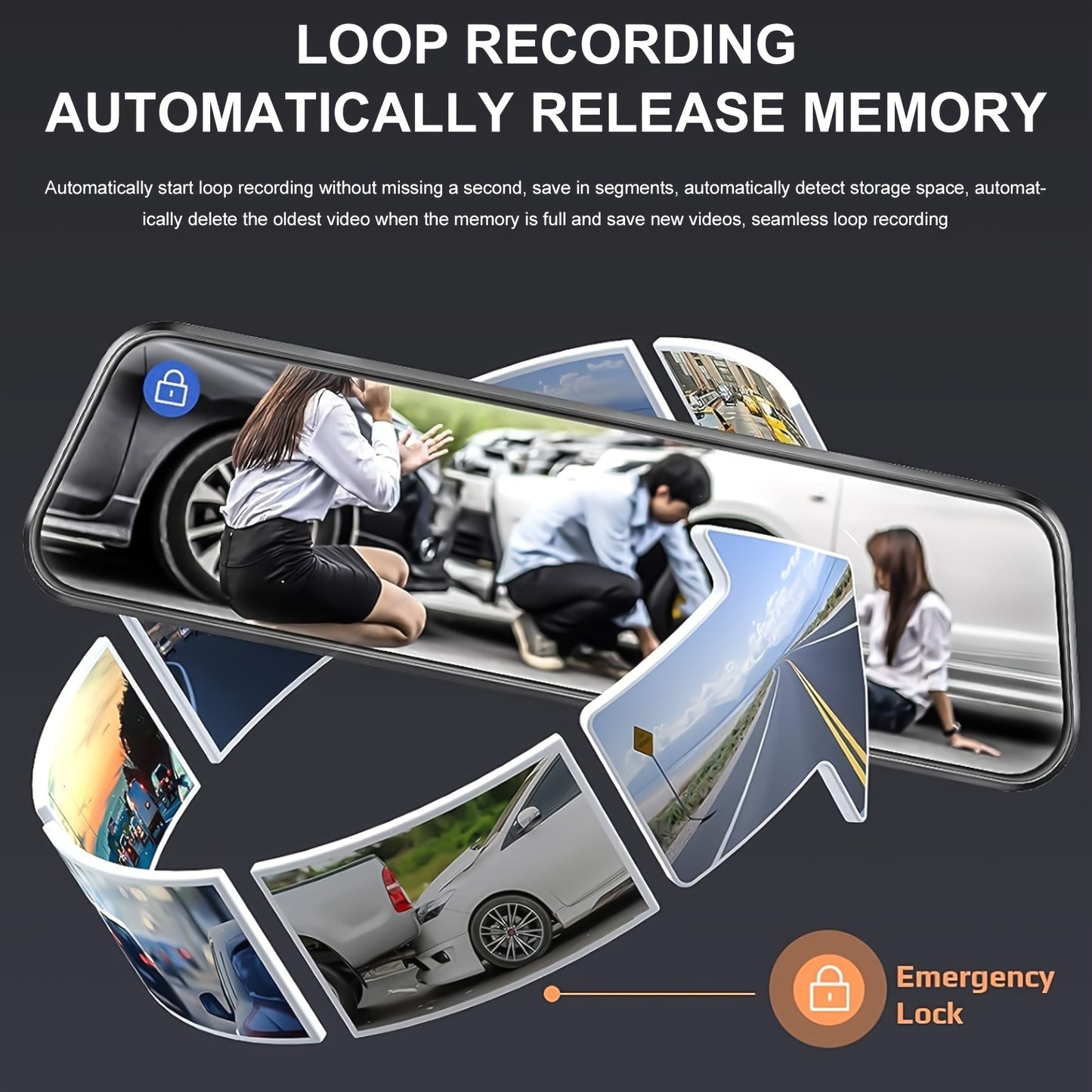 HighPeak VisionDrive Dash Cam with dual-lens display showing rear and front camera views in rearview mirror interface