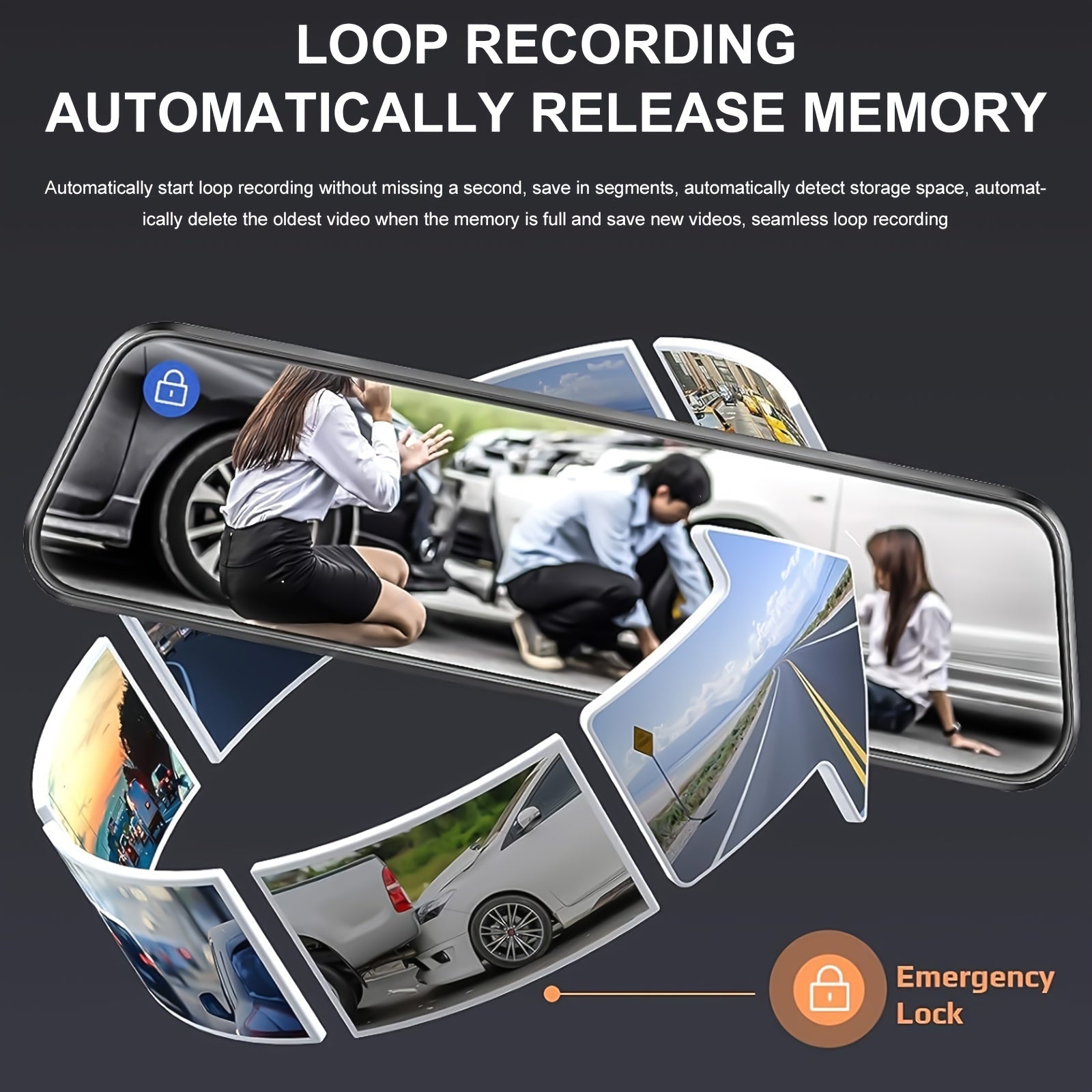 HighPeak VisionDrive Dash Cam with dual-lens display showing rear and front camera views in rearview mirror interface