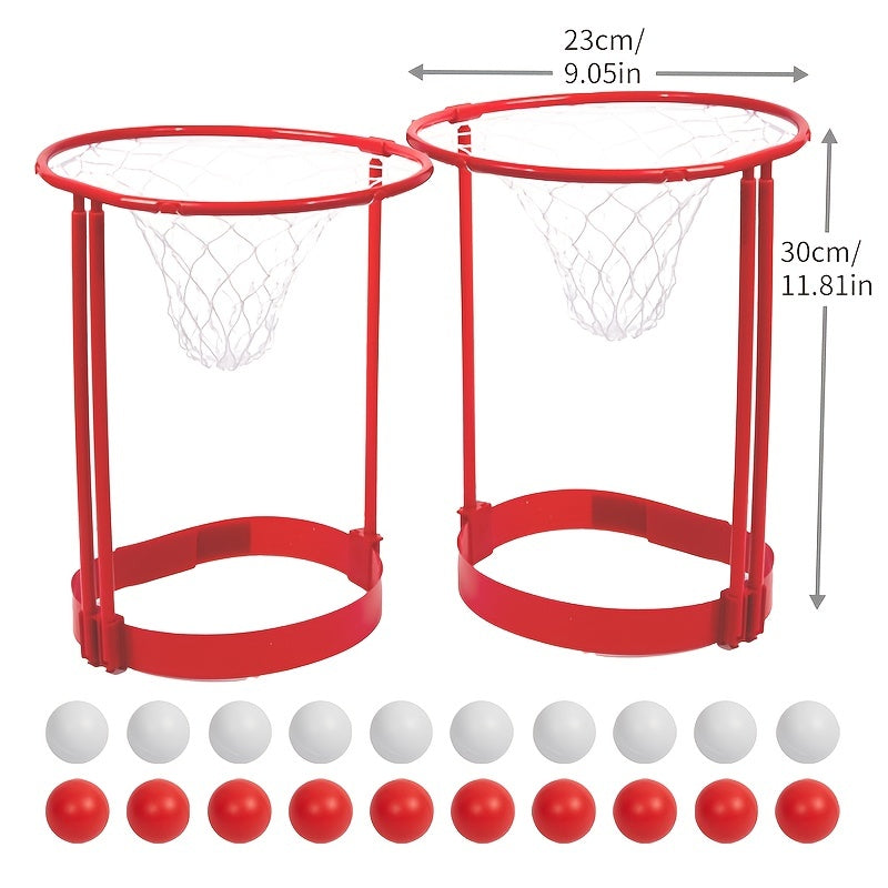 HoopHead basketball game set with two red hoops, white mesh nets and 20 mini balls - complete party game equipment