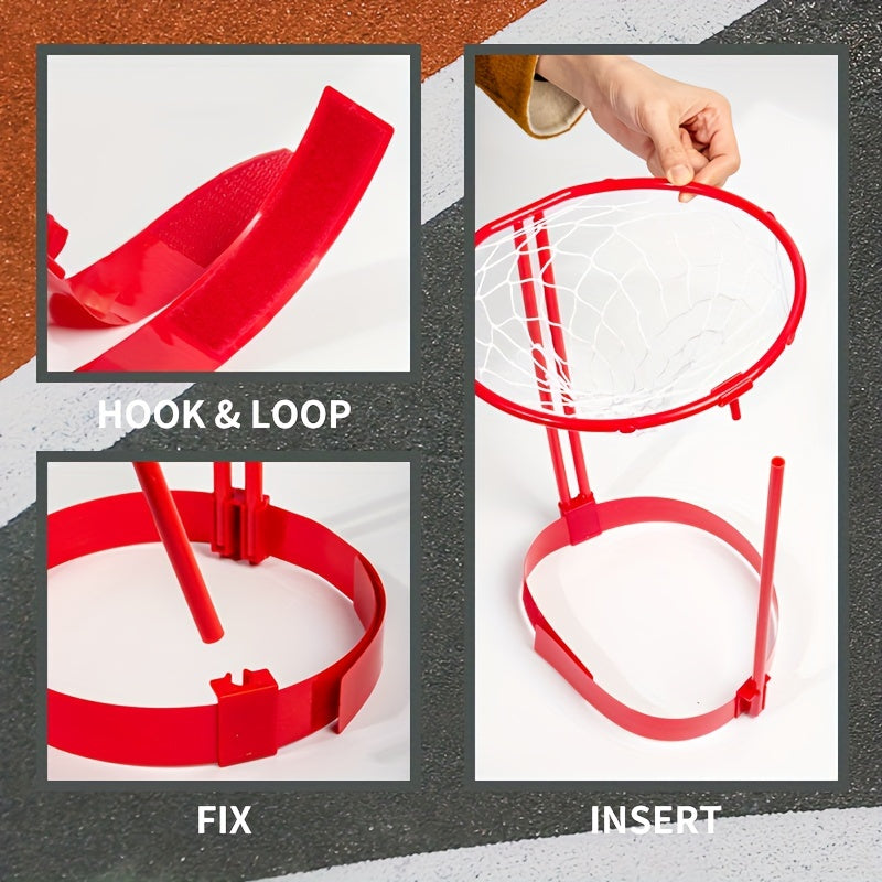 HoopHead basketball headband game with red adjustable hoop and white net, showing assembly steps and hook-and-loop fastening