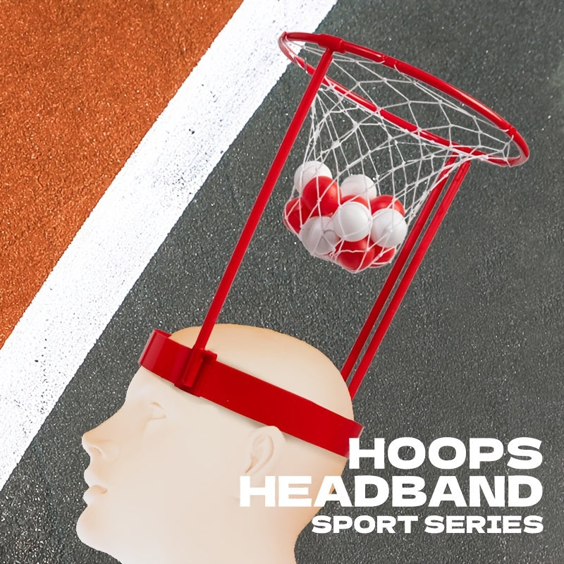 HoopHead basketball headband game with red hoop attachment and mini balls - sports party game on athletic court surface
