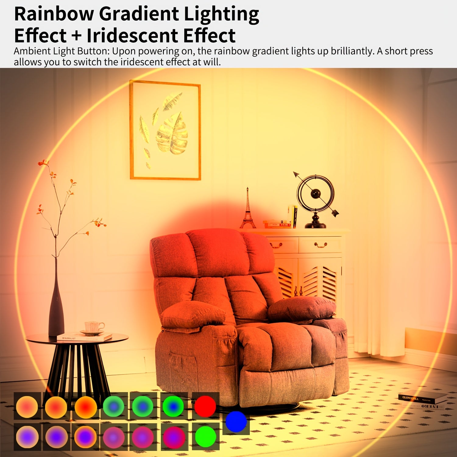 LumeGlow motion-sensing lamp displaying rainbow gradient lighting effect in cozy living room with red recliner chair