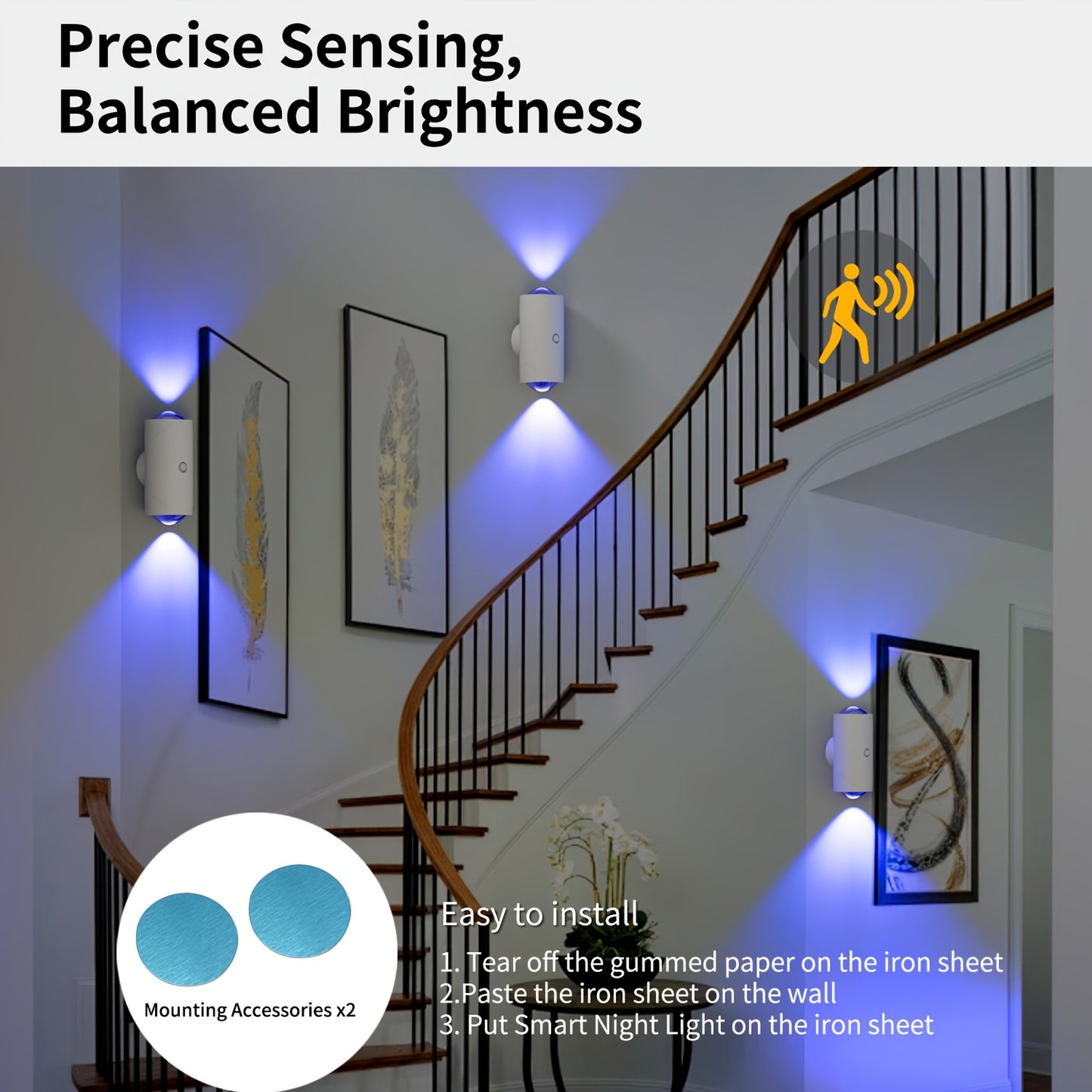 LumeGlow motion-sensing wall lights with blue ambient glow illuminating curved staircase with art - modern smart lighting demo