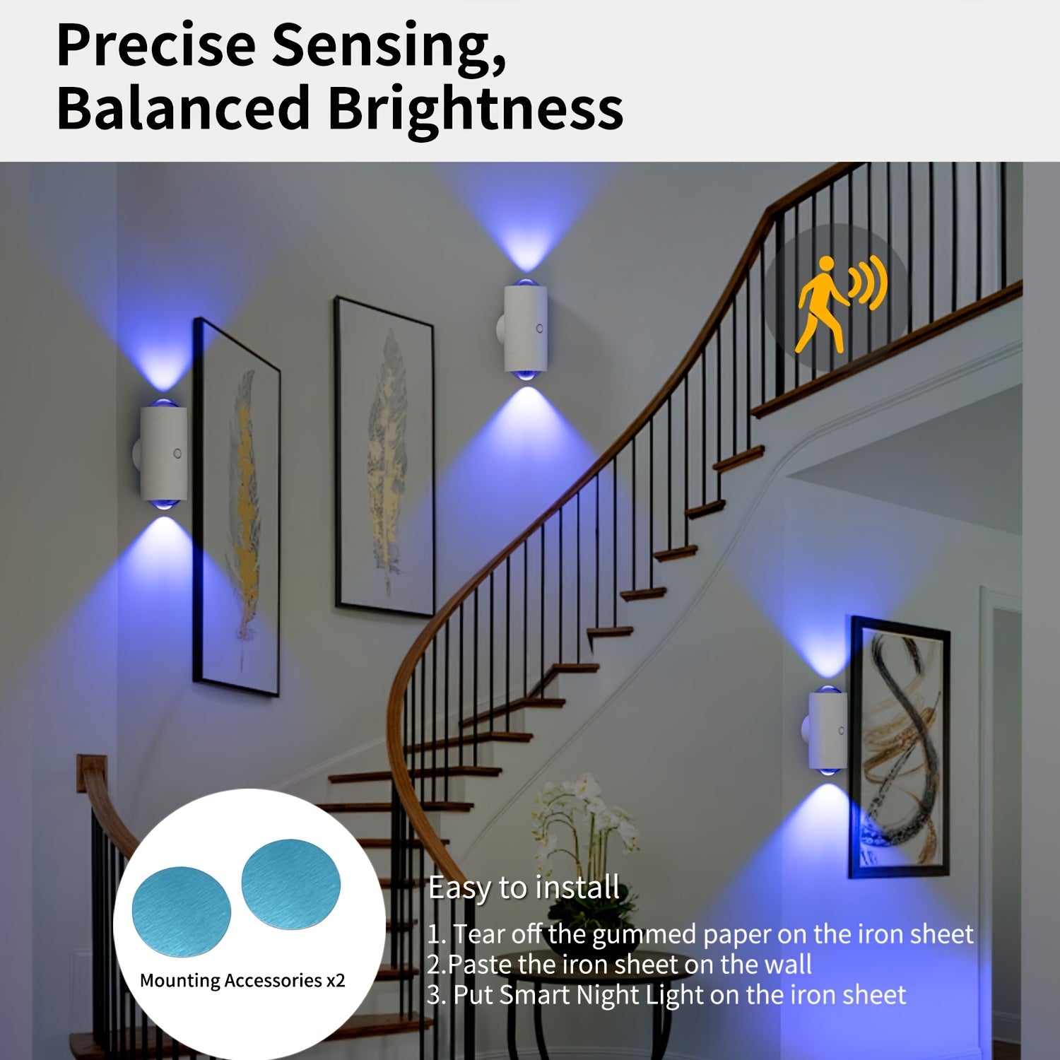 LumeGlow motion-sensing wall lights with blue ambient glow illuminating curved staircase with art - modern smart lighting demo