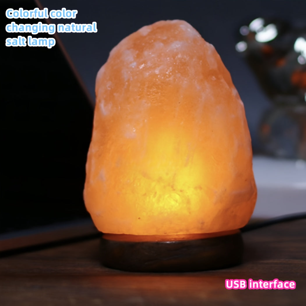 LumiStone Himalayan salt lamp with natural orange glow on wooden base - USB-powered ambient lighting for home decor