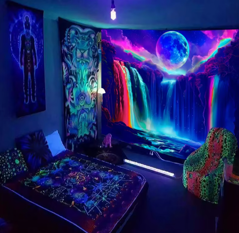 LuminFalls Cascade blacklight tapestry featuring glowing waterfall and moon in vibrant neon colors, displayed in dark room setting