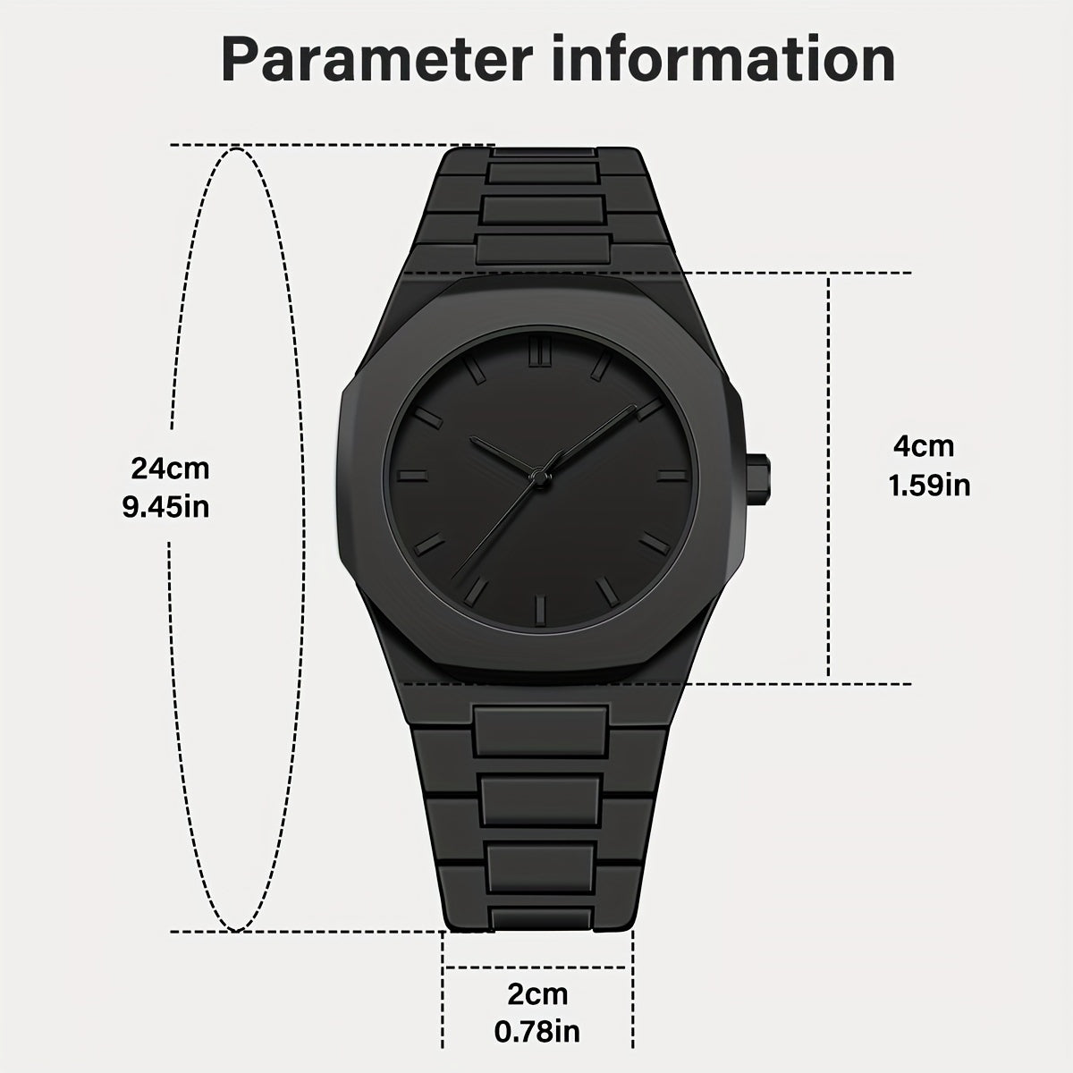 Midnight Phantom watch technical diagram showing matte black design with 24cm band and 4cm case dimensions