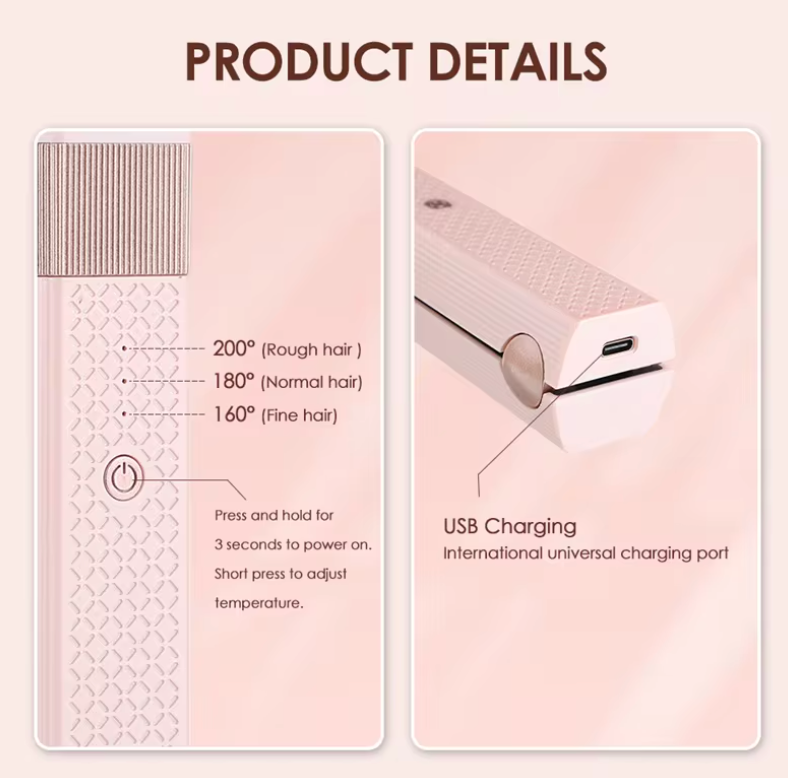 QuickStyle Pro portable hair straightener with temperature settings and USB charging port shown in white design details