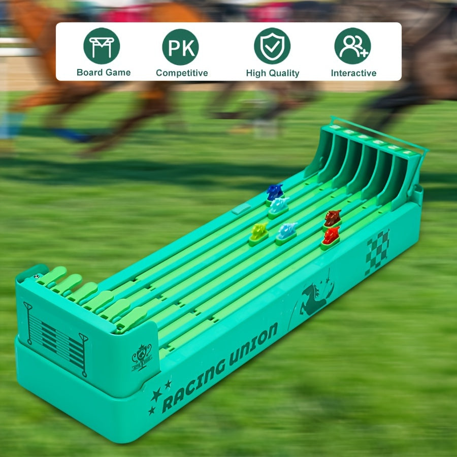 RaceMaster turquoise racing board game with colorful horse pieces on 6-lane track - competitive tabletop racing setup