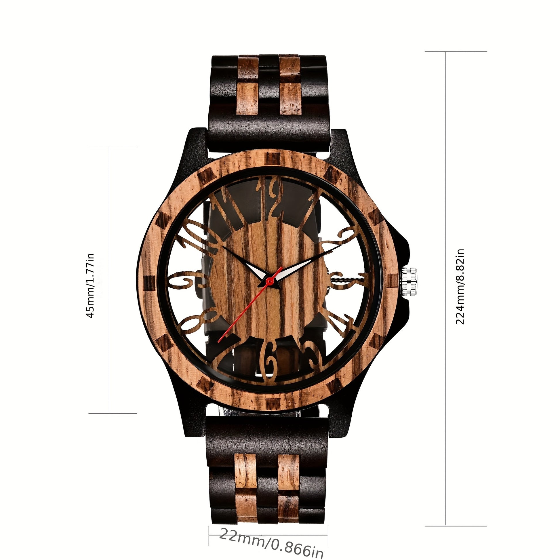 RusticEdge handcrafted wooden watch with black and brown two-tone band, hollow skeleton dial and Roman numerals on display