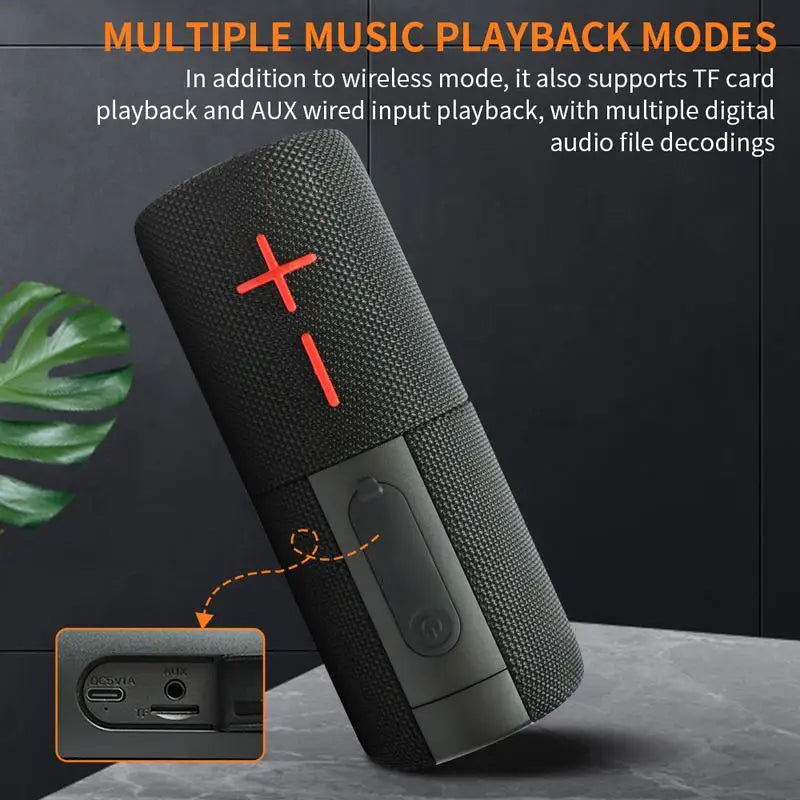 BoomSync - Magnetic 2-in-1 Bluetooth Speaker in black with red buttons showing multiple playback modes and port details