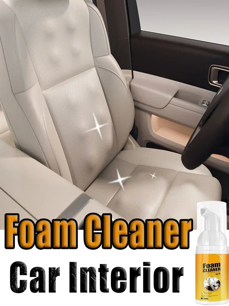 FoamBlitz Cleaner by HighPeak cleaning beige car seat foam for spotless interior without rinsing, durable and odor-fighting formula.