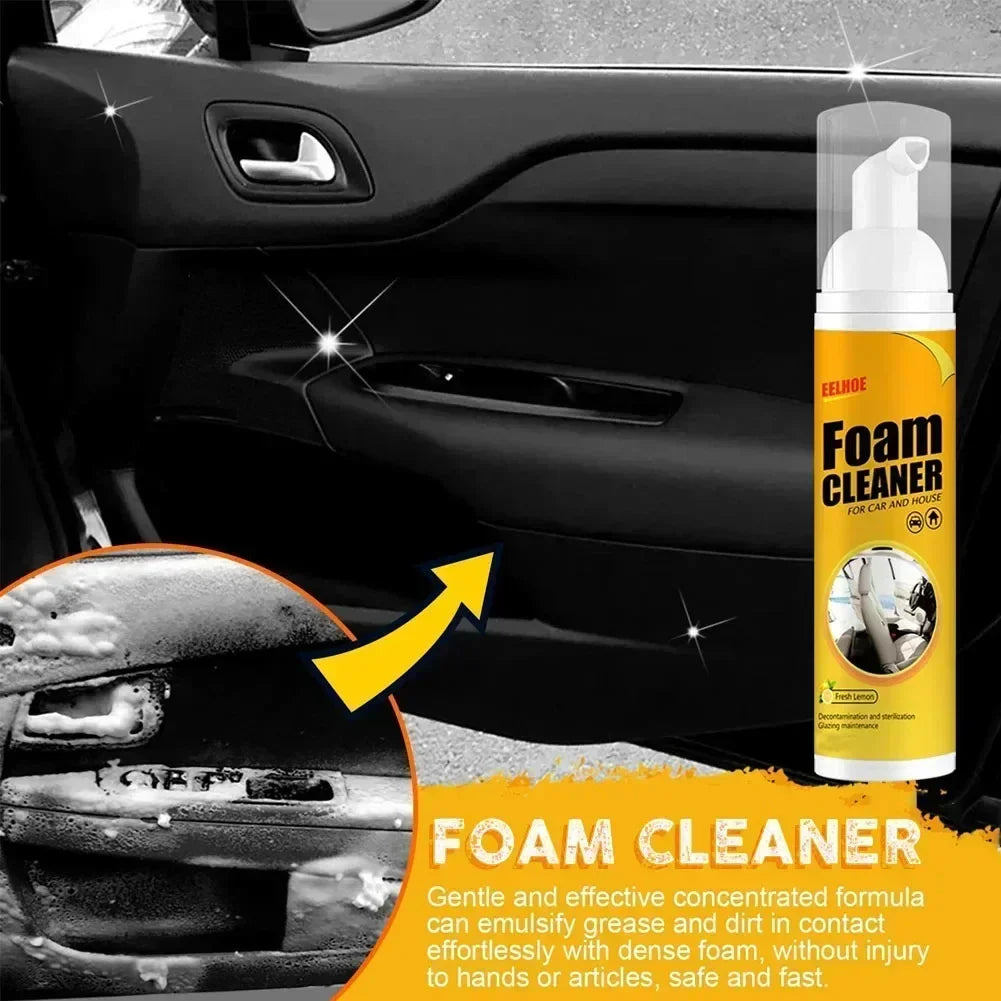 FoamBlitz Cleaner high-foam spray bottle displayed with clean black car door interior, showing dirt removal power.