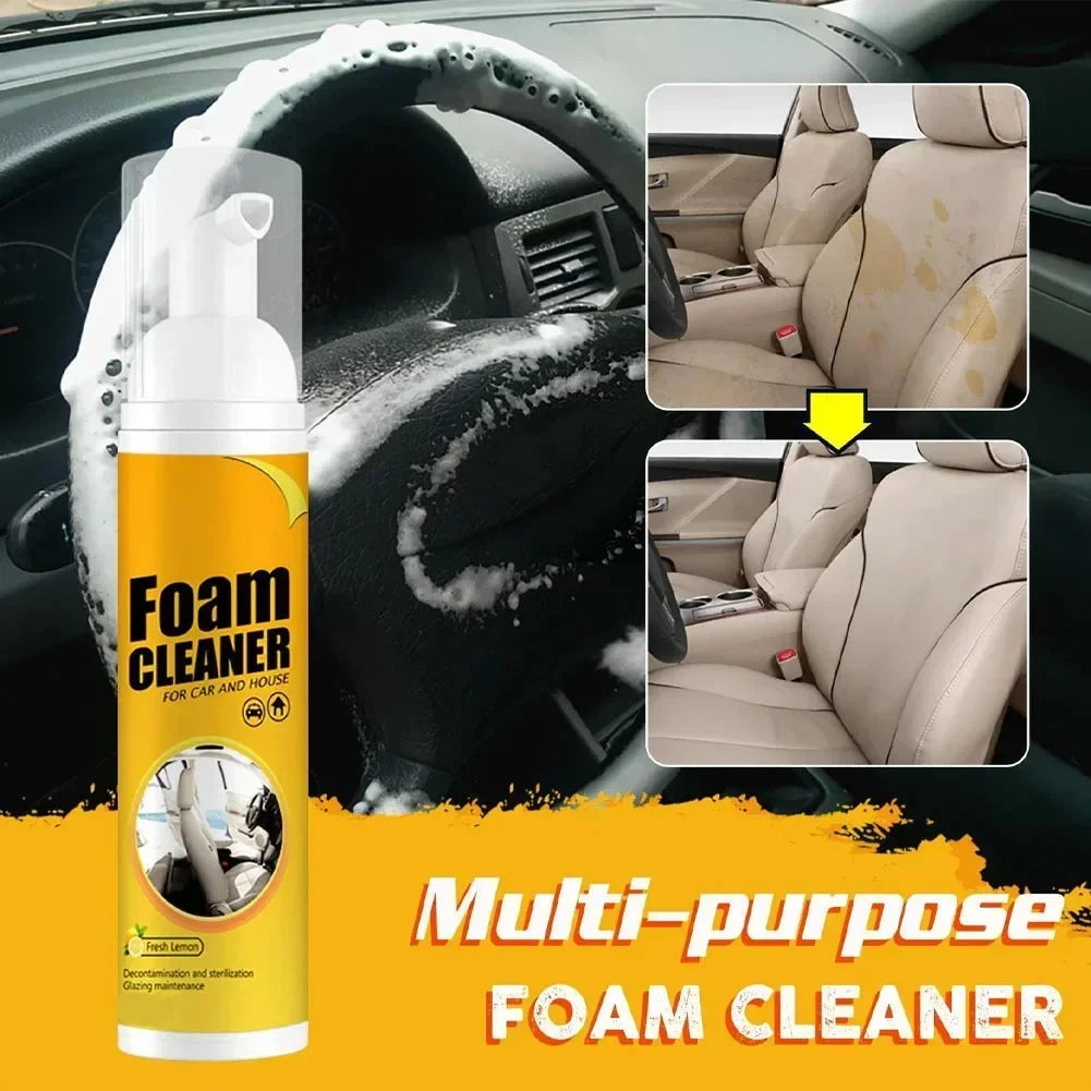 FoamBlitz Cleaner by HighPeak foaming multi-surface cleaner in yellow bottle, removing stains from car seats effectively.