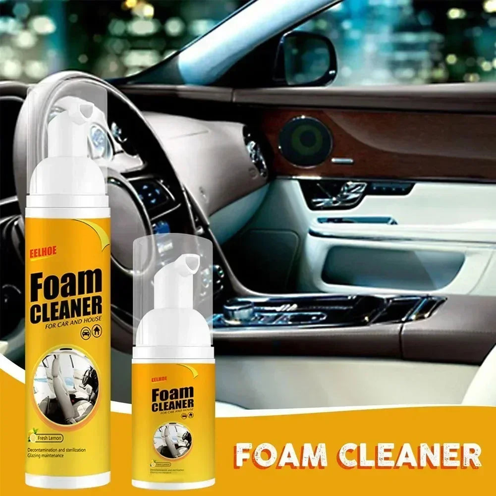 FoamBlitz Cleaner foam spray bottles in yellow with a clean luxury car interior background by HighPeak
