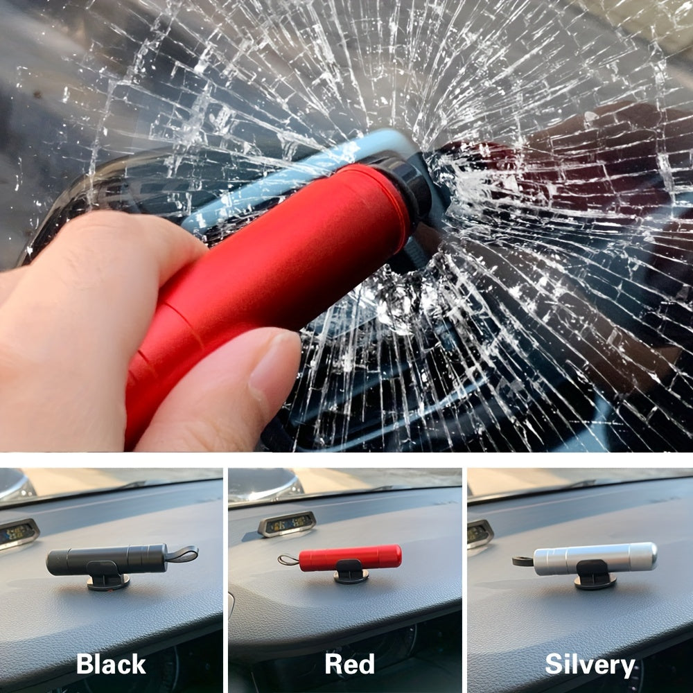 SafeStrike emergency car escape tool breaking glass with spring-loaded tip, shown in red, black and silver dashboard mount options
