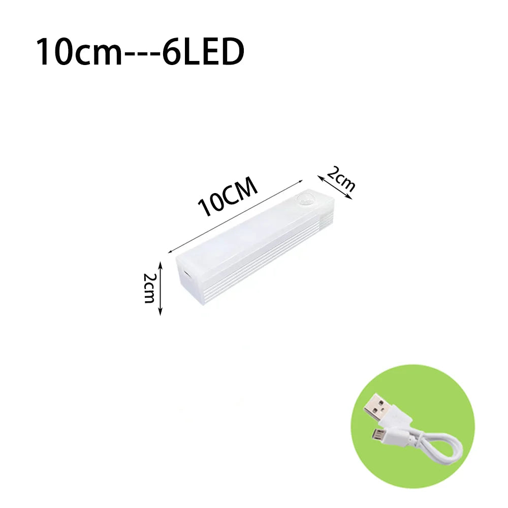 HighPeak Motion Sensor Light 10cm with 6 LED white strip and USB-C charging cable on white background
