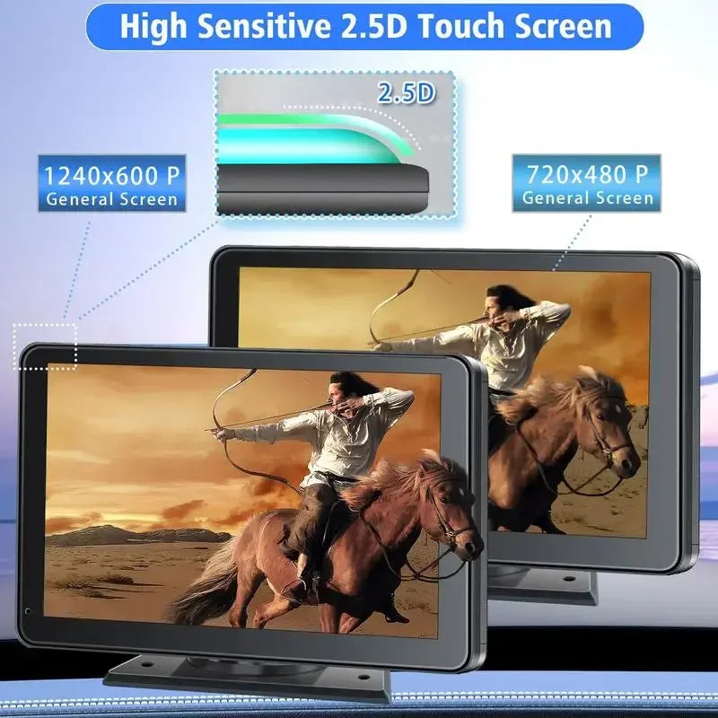 HighPeak Drive X 2.0 showing a 7" high sensitive 2.5D touchscreen with crisp 1240x600 resolution display comparison.