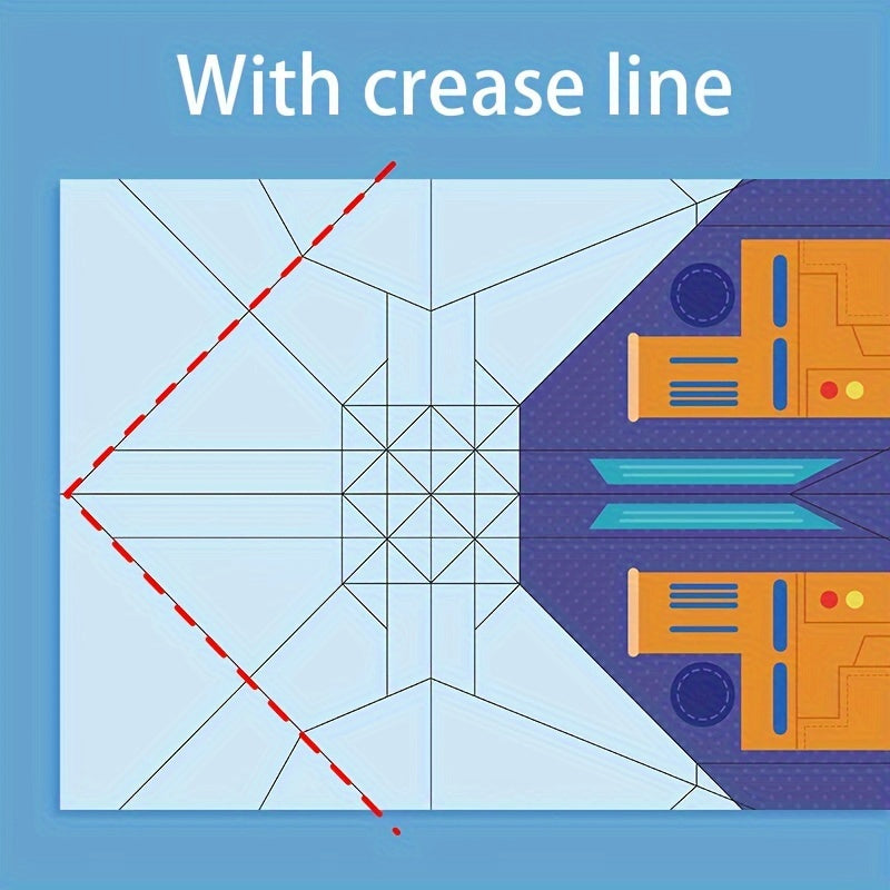 SkyGlide paper airplane diagram showing detailed crease lines and fold patterns on blue and purple pre-printed origami paper