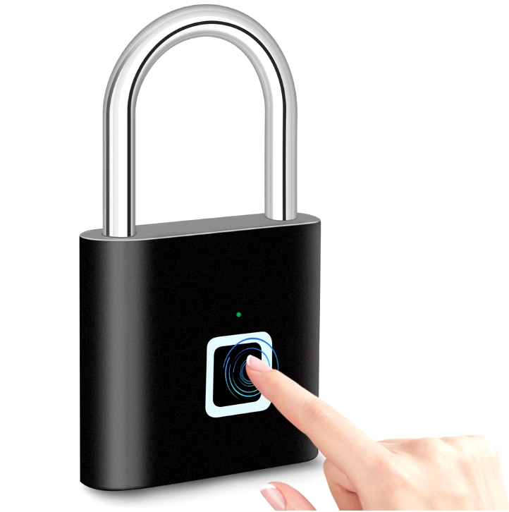 SmartPrint Fingerprint Lock with black metal body and silver shackle, showing fingerprint scanning interface in action