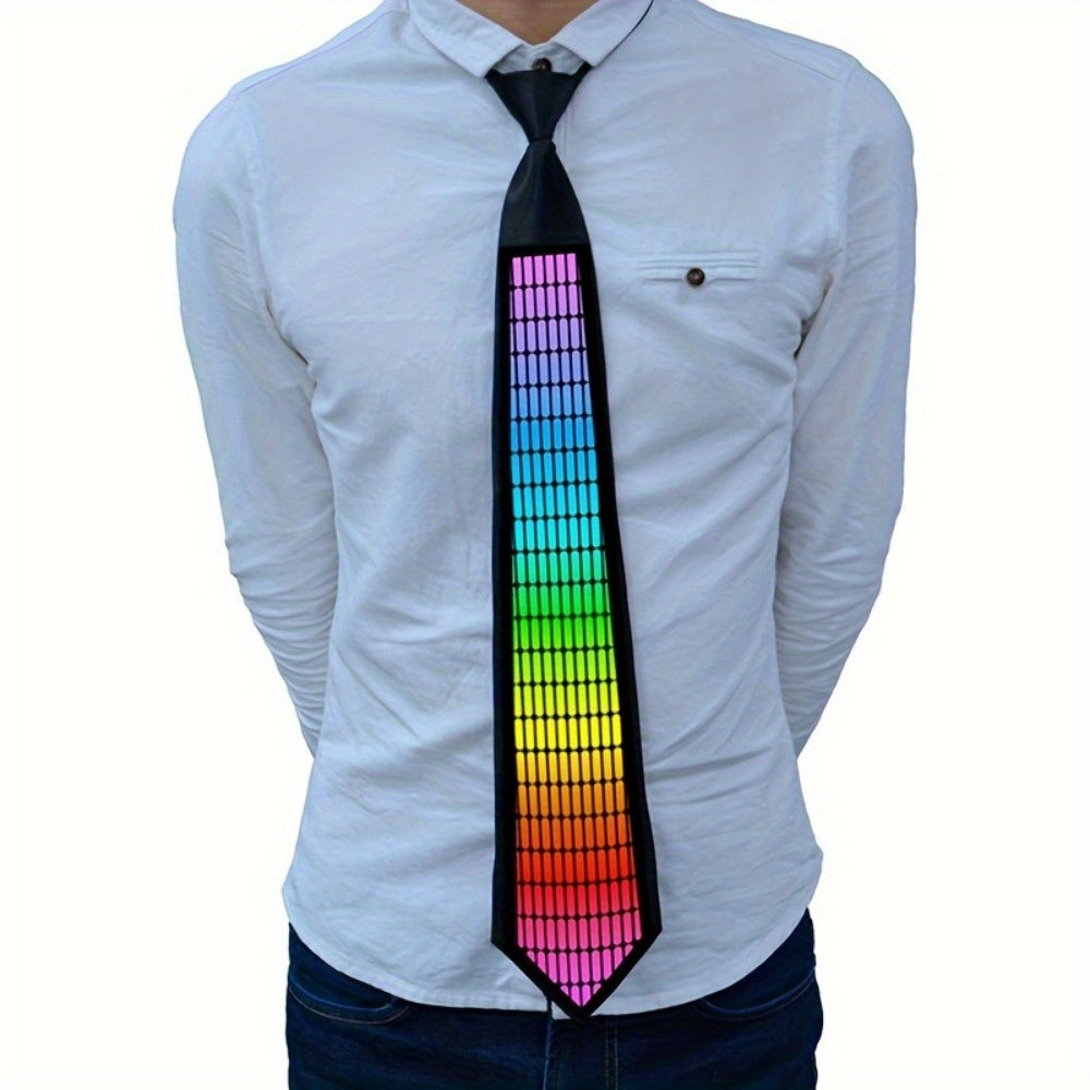 Sound-Activated LED Party Tie displaying rainbow equalizer pattern on black tie, worn with white dress shirt - party accessory lighting up