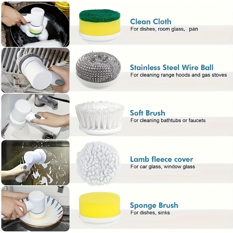 SpinScrub 5-in-1 Electric Cleaning Brush set displaying all attachments - clean cloth, wire ball, soft brush, fleece cover, and sponge brush