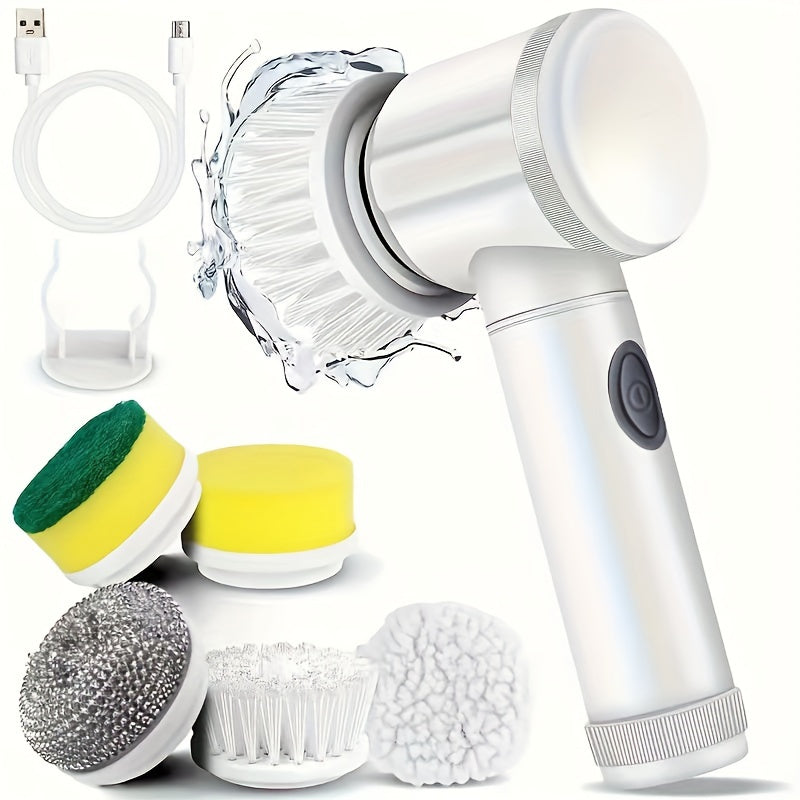 SpinScrub 5-in-1 Electric Cleaning Brush with multiple attachments displayed - white handheld device with USB charger and brush heads