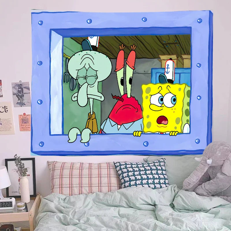 Tentacle Vibes tapestry featuring Squidward, Mr. Krabs and SpongeBob cartoon scene in vibrant colors on blue border
