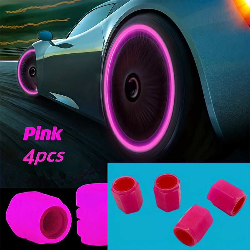TireValve pink glow-in-the-dark valve caps displayed on sports car wheel and product showcase against dark background