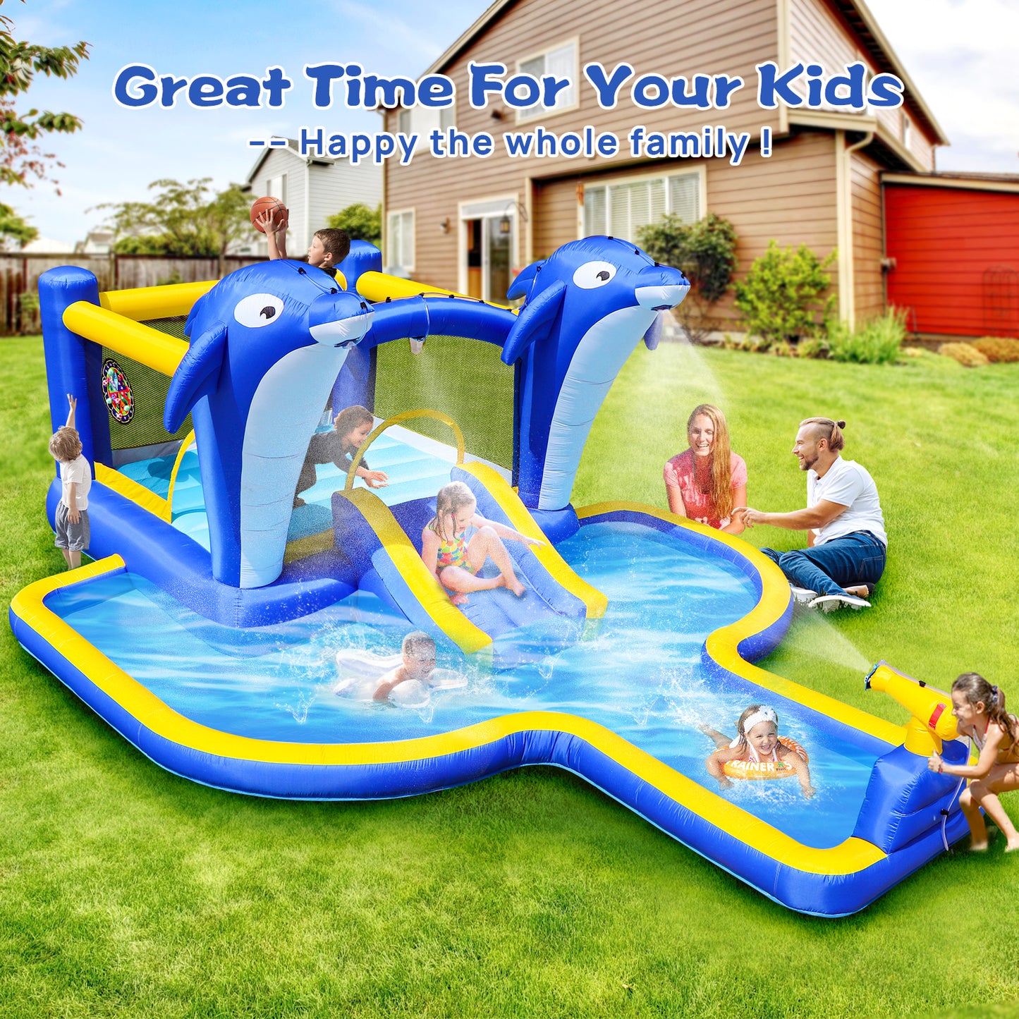 SplashZone 8-in-1 Inflatable Water Park with blue dolphin sprayers, slide, and splash pool in backyard setting by HighPeak