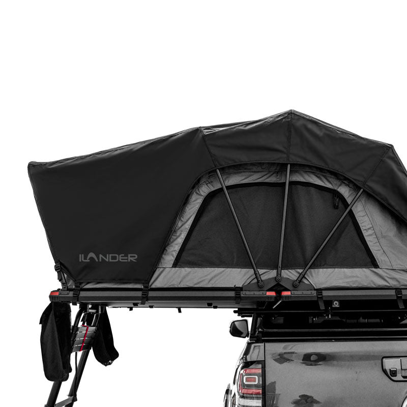 HighPeak Car Roof Tent in black mounted on a vehicle with mesh window and telescoping ladder visible