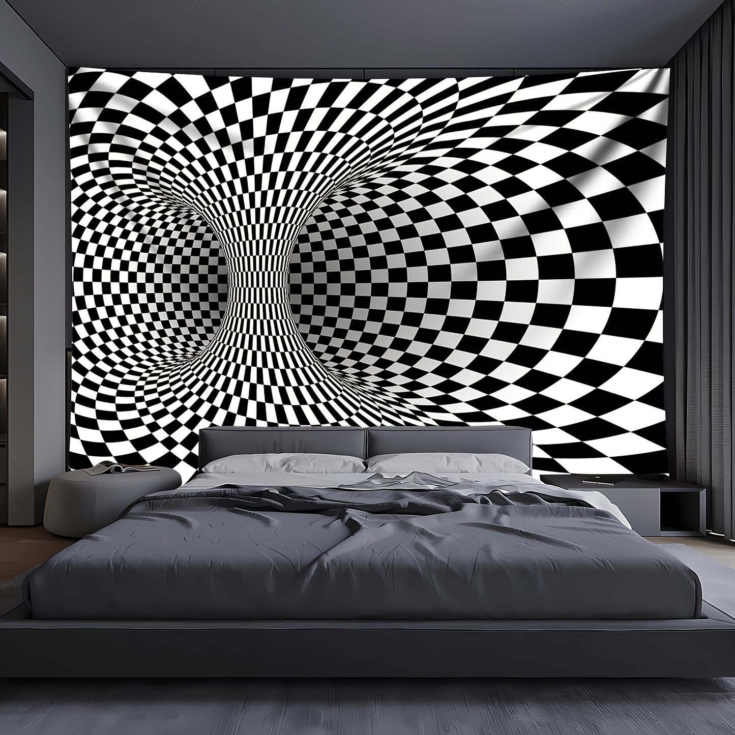 WarpReality 3D optical illusion tapestry with black and white checkered vortex pattern mounted above modern bedroom headboard