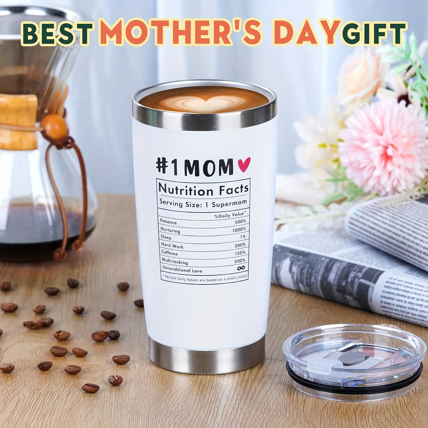 White stainless steel Best Mom Ever tumbler with Nutrition Facts design and heart latte art, displayed with coffee beans