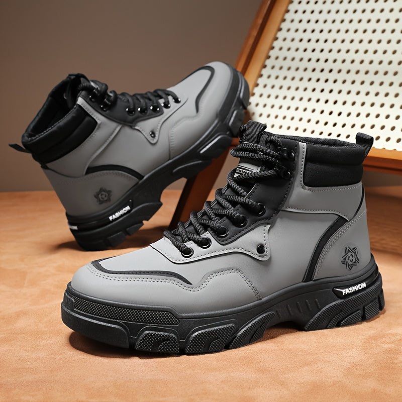 TrailForge⢠Boots in gray and black with thick EVA sole, lace-up fit, and durable faux leather for all-season wear by HighPeak