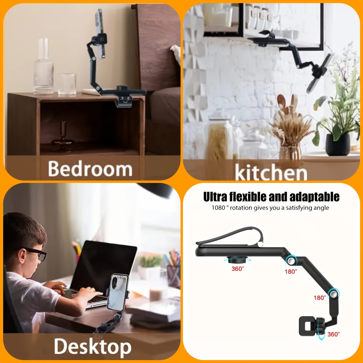FlexiGrip™ - Rotating Phone Mount in black clamped on bedroom nightstand, kitchen shelf, and desktop for hands-free use